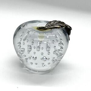 Vintage Apple Paperweight Signed Bullicante Bubbles Silver Metal Leaf Stem gone
